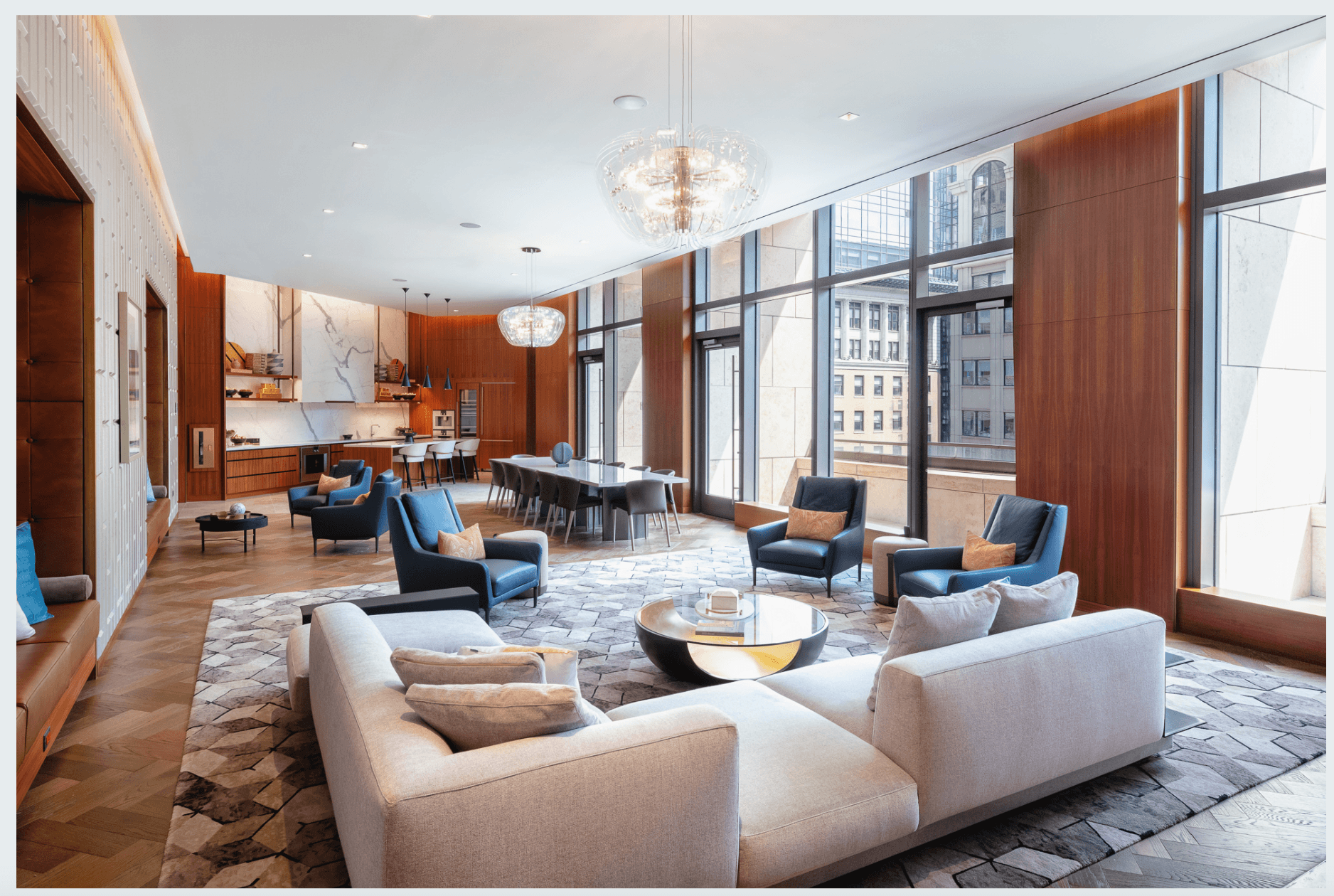 Light-filled resident lounge at 99 Hudson